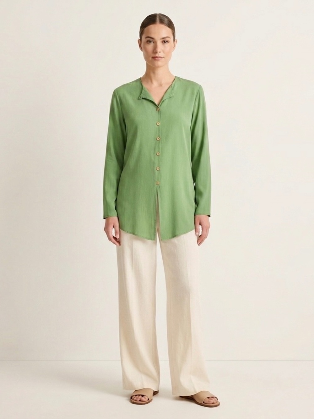 MS | VTG Kelly Green Button Front Long Sleeve Soft Tunic Top Lightweight Blouse
